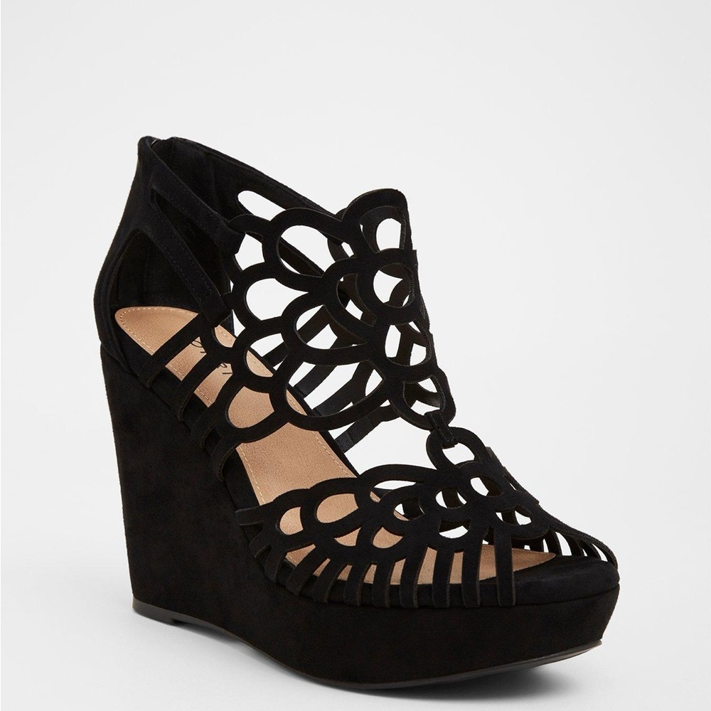 Black Faux Suede laser cut platform wedge
